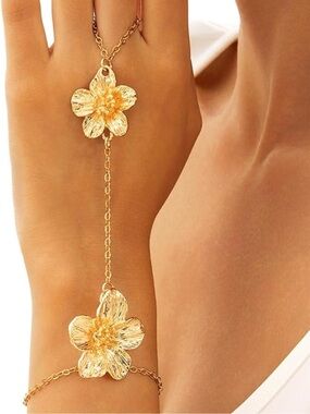 Anthropologie Gold Floral Hand Chain Necklace Bracelet